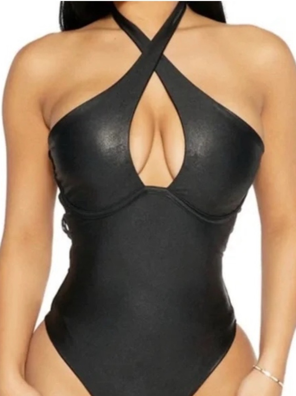 Naked Wardrobe - Get Me Dripping Crisscross Faux Leather Underwire Bodysuit